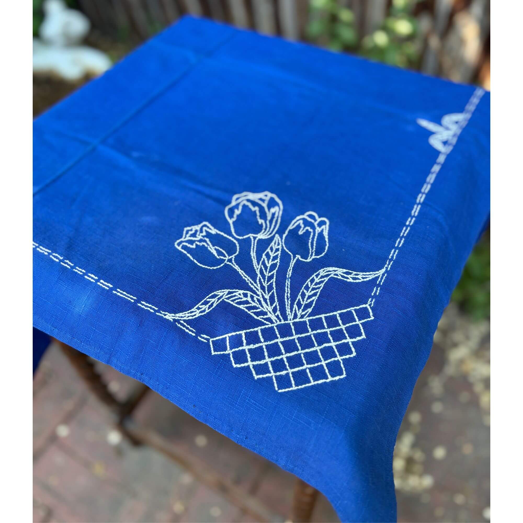 Vintage Royal Blue Linen White Tulip Embroidery Tablecloth - Image 4