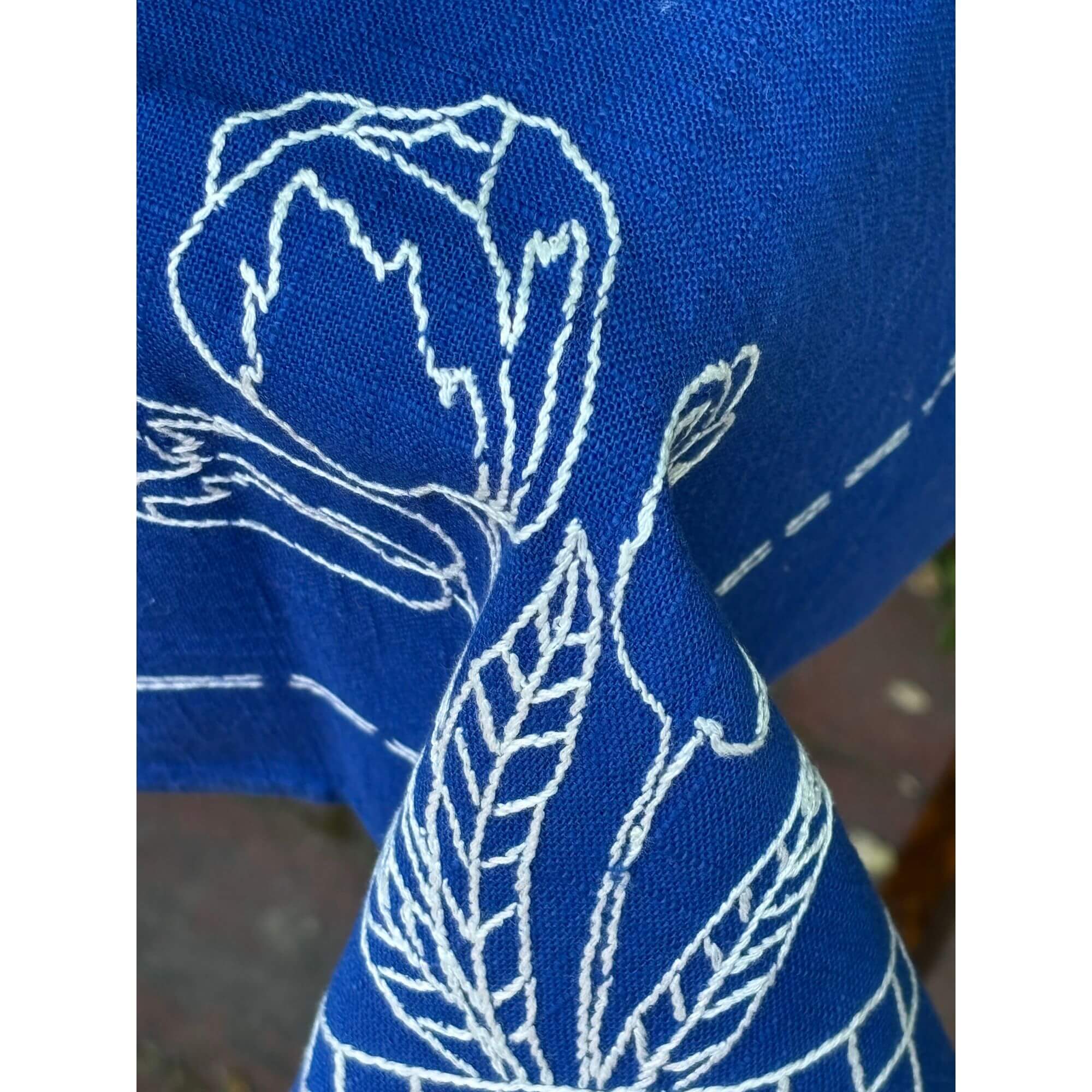Vintage Royal Blue Linen White Tulip Embroidery Tablecloth - Image 3