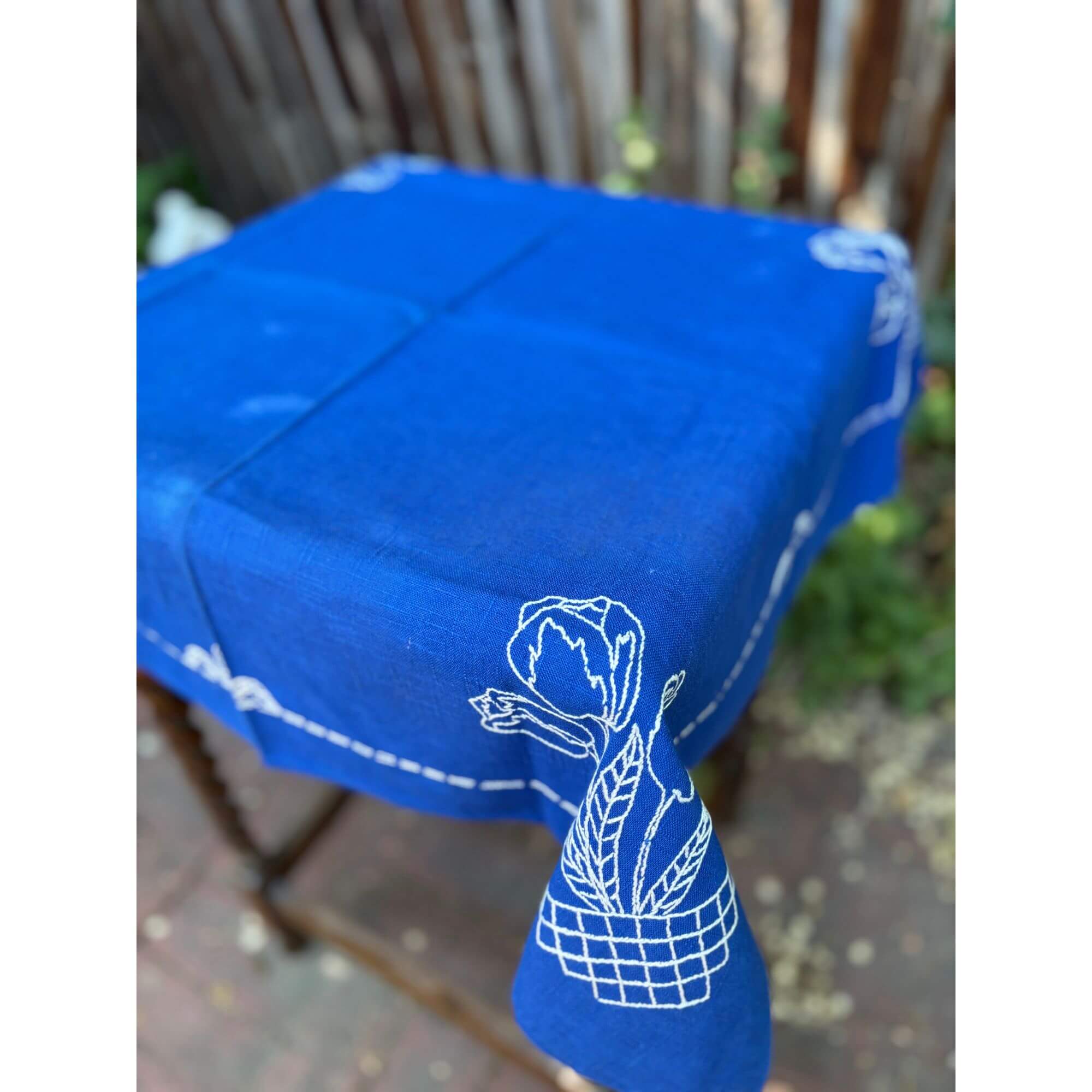 vintage blue linen embroidered tablecloth