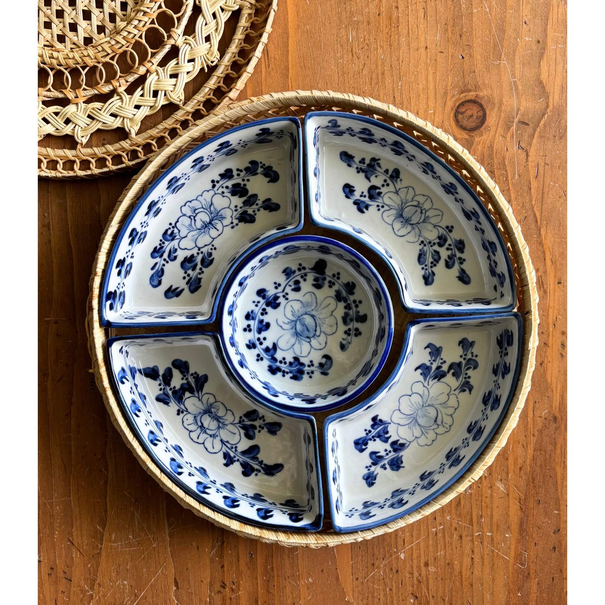 Vintage Blue & White Stoneware Dishes Rattan Wicker Tray - Image 2