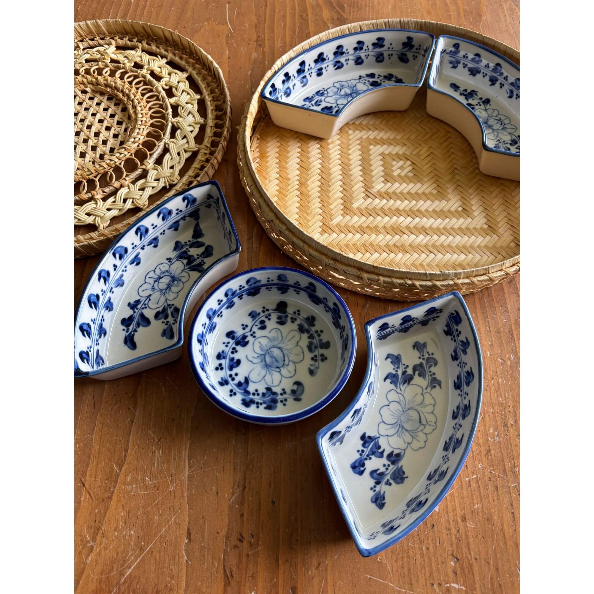 Vintage Blue & White Stoneware Dishes Rattan Wicker Tray - Image 3