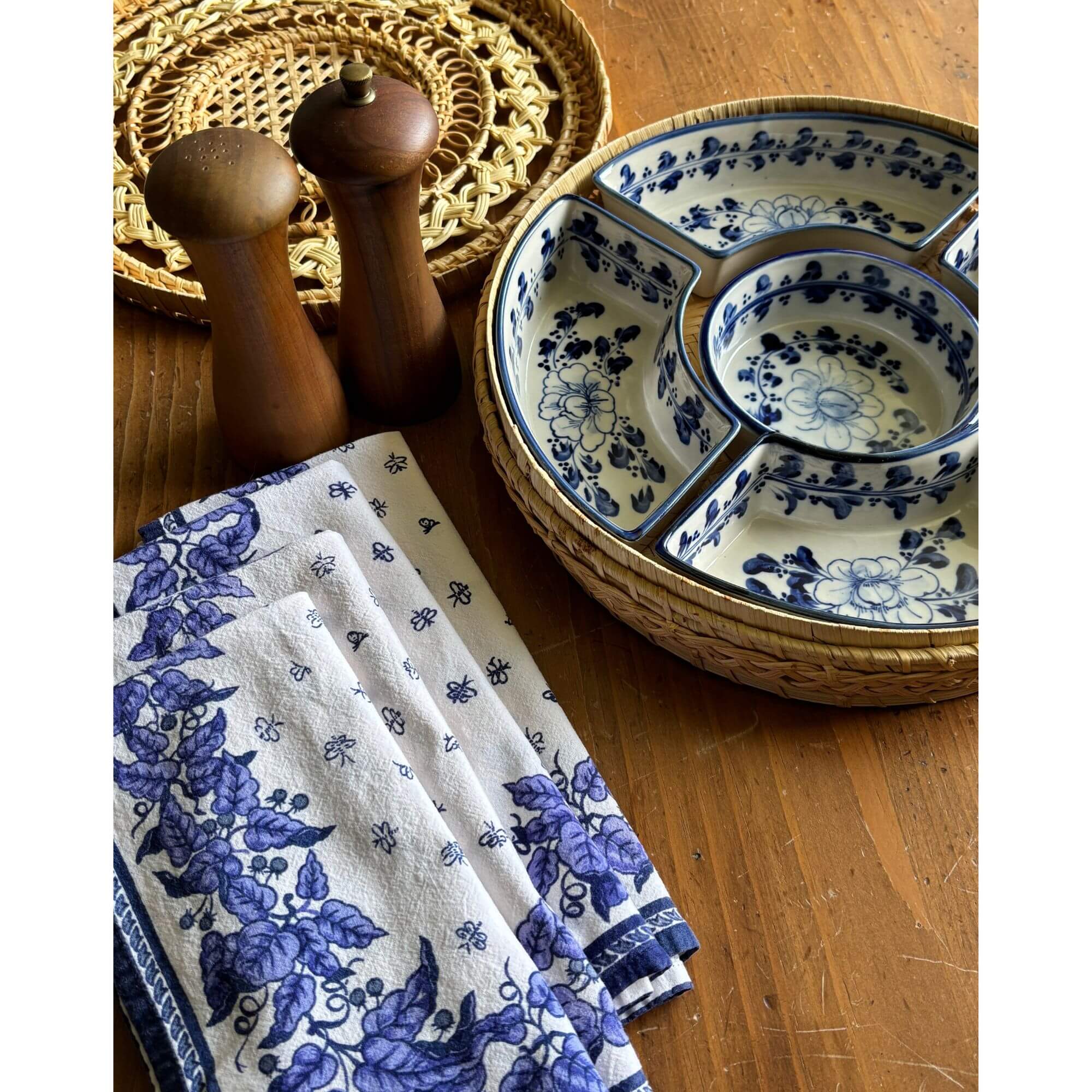 Vintage Blue & White Stoneware Dishes Rattan Wicker Tray - Image 5