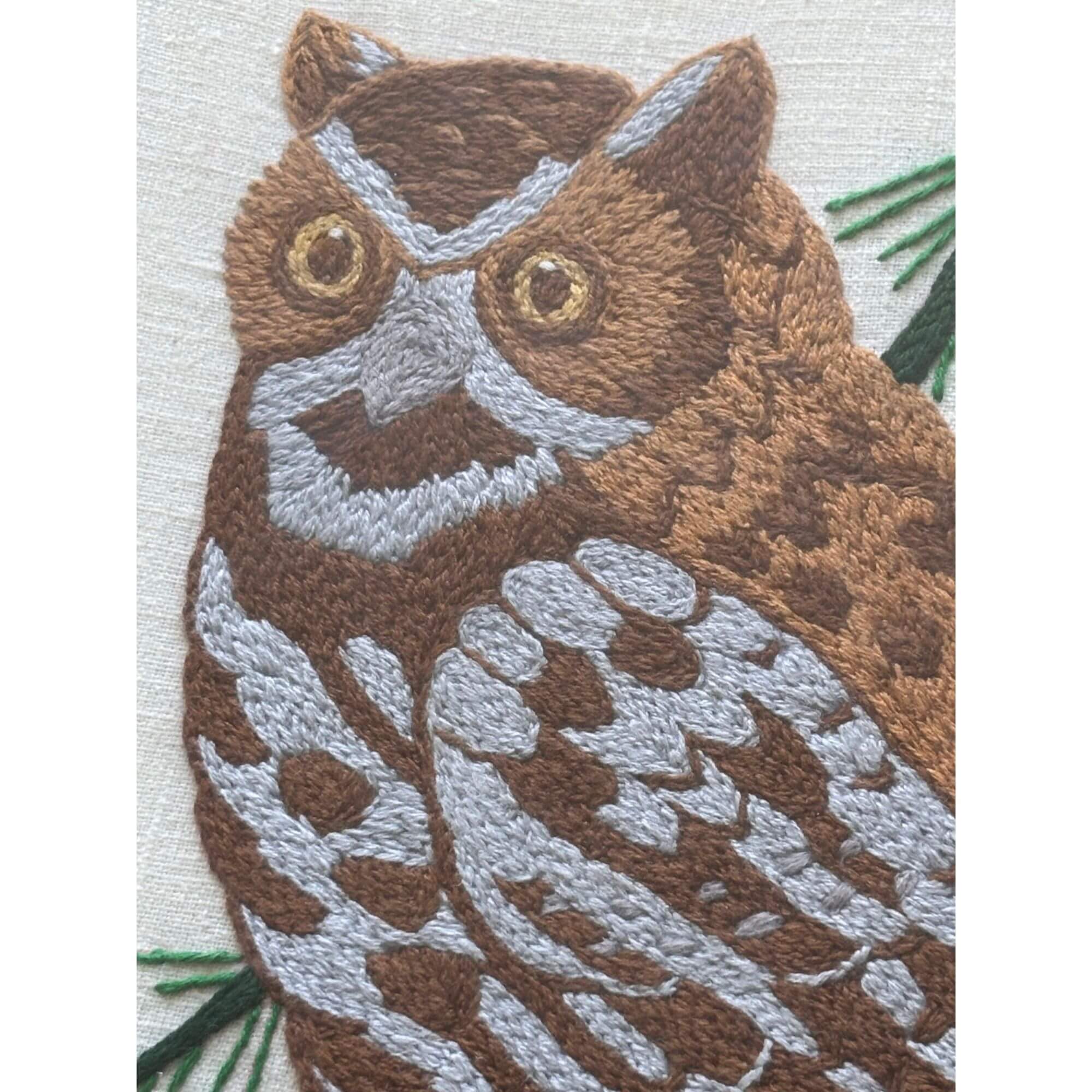 Vintage Owl Embroidered Wooden Frame Pine Branch - Image 2