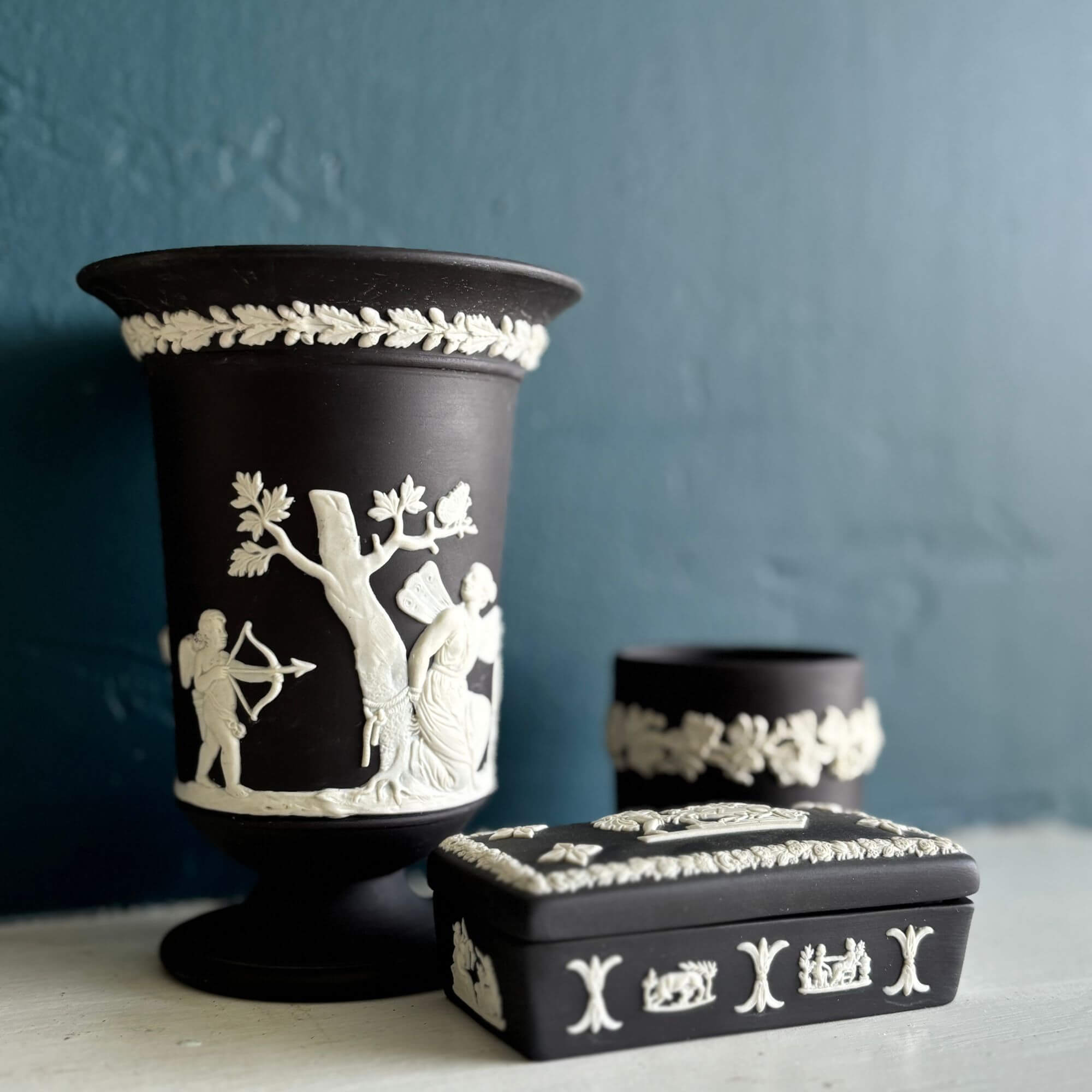 Vintage Black Wedgwood Jasperware Trumpet Vase - Image 6