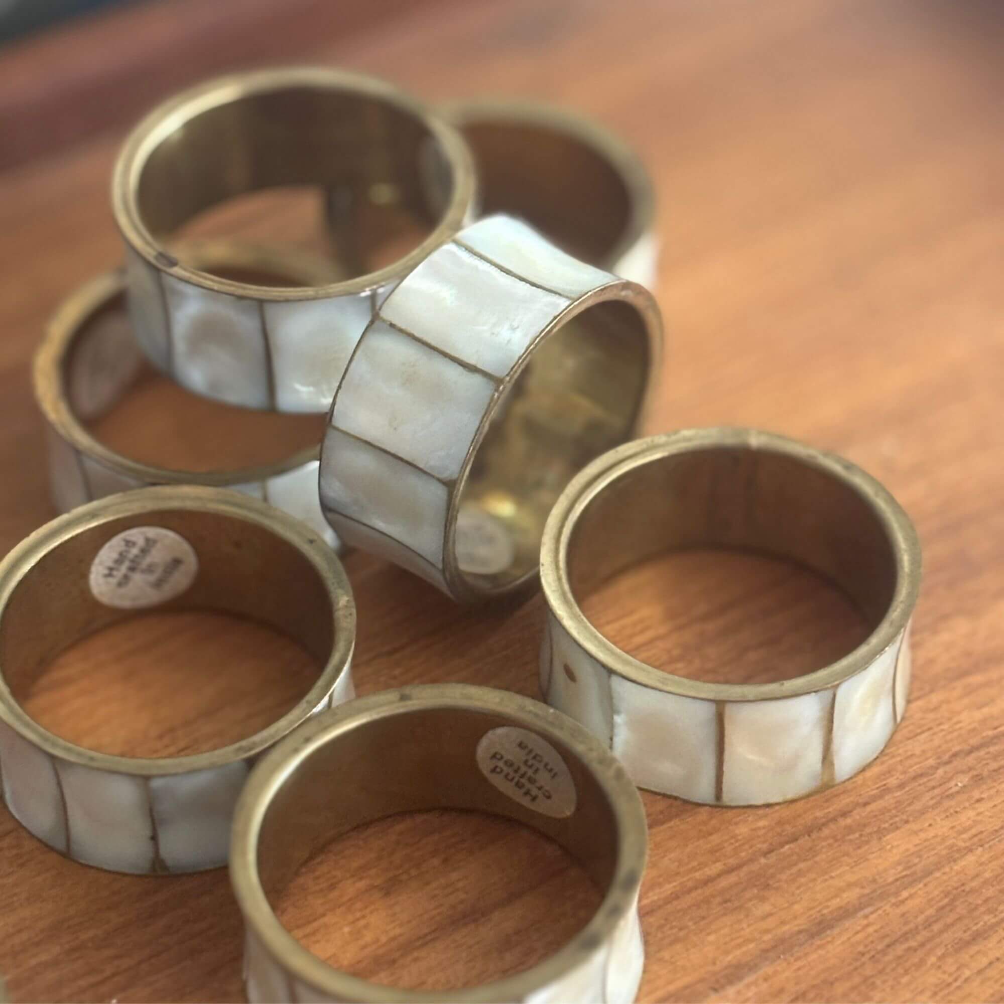 vintage mother of pearl & brass napkin rings